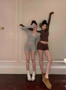 MJAMILA 灰色长袖打底衫女半开领街头修身显瘦辣妹内搭上衣+短裤