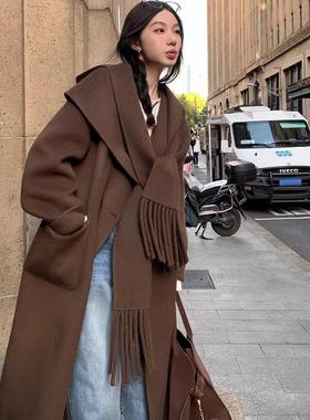 MJAMILA【黑标典藏 高智松弛】羊毛双面呢连帽围巾大衣