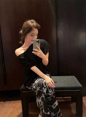 MJAMILA 古早清冷女主蝙蝠袖针织短袖纯色一字领露肩宽松上衣薄款