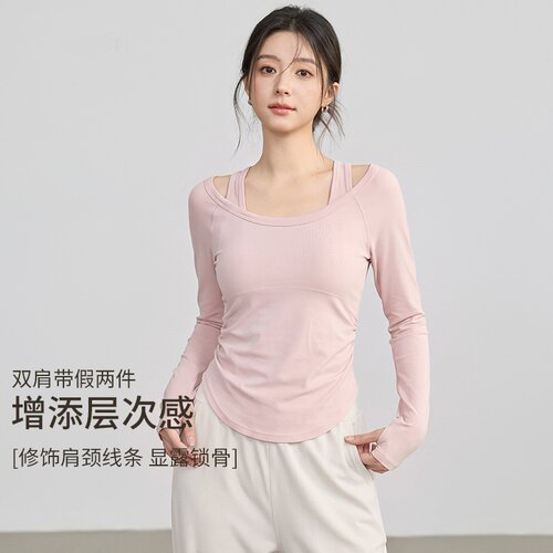 瑜伽服女秋假两件带胸垫露肩长袖运动上衣修身显瘦普拉提训练批发
