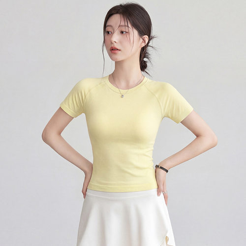 瑜伽服短袖速干衣夏季跑步训练服普拉提上衣圆领显瘦运动健身T恤
