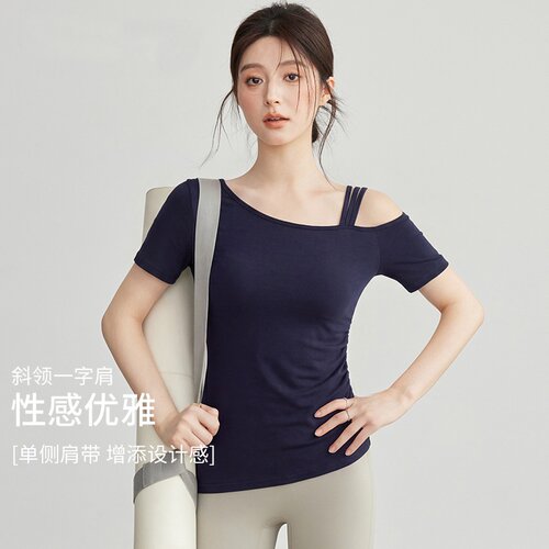 独特瑜伽服上衣斜肩一字领速干短袖普拉提训练跑步健身运动套装女