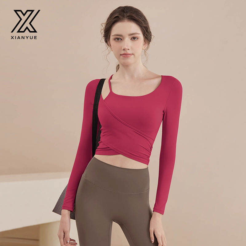 瑜伽服上衣女长袖2025新款带胸垫跑步运动普拉提训练健身服套装女