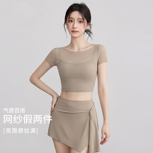 绝美瑜伽服套装网纱假两件普拉提训练上衣跑步运动健身服女高级感