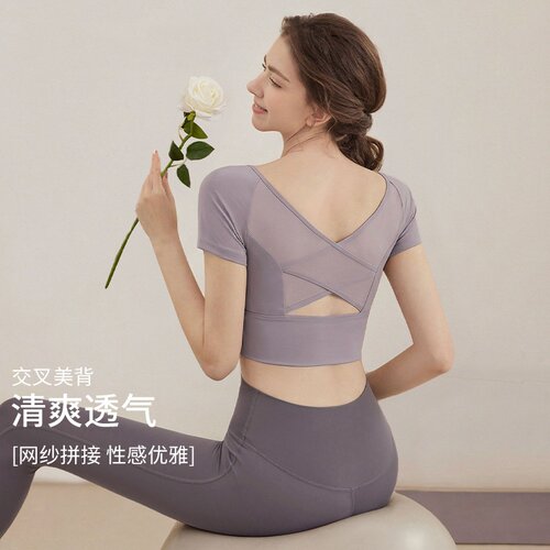 瑜伽服短袖带胸垫2026新款美背网纱跑步普拉提健身服上衣运动T恤