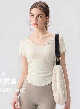 2026新款瑜伽服短袖V领速干修身跑步健身套装普拉提上衣运动t恤女