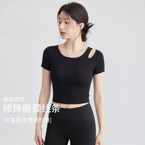 瑜伽服短袖带胸垫修身透气速干跑步运动上衣普拉提训练健身套装女