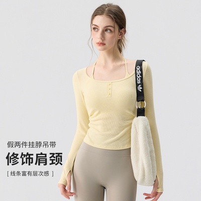 瑜伽服女2025新款带胸垫假两件跑步运动普拉提上衣长袖健身套装女