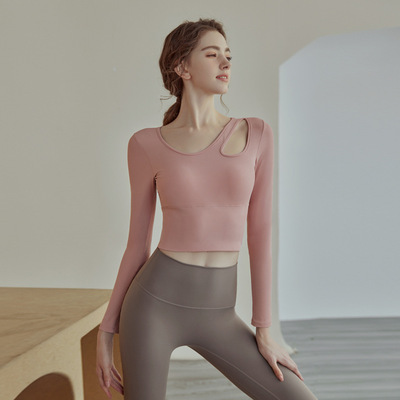 瑜伽服女带胸垫新款运动上衣粉色紧身跑步普拉提训练服健身服长袖