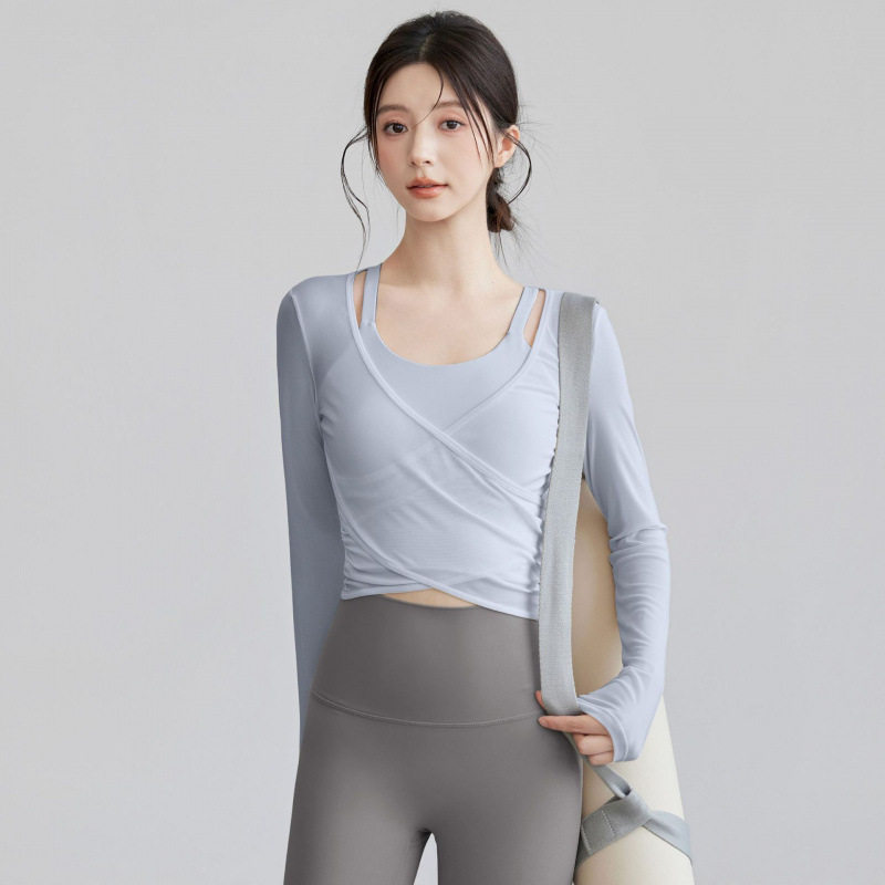 瑜伽服女网纱罩衫两件套速干跑步运动上衣普拉提训练长袖健身套装