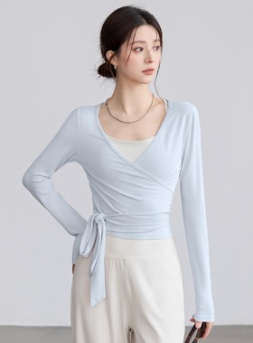 超好看瑜伽服上衣绑带修身舞蹈专业普拉提训练服运动健身长袖罩衫