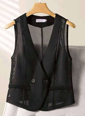 高级薄款网纱马甲女短款2023夏潮百搭显瘦不对称坎肩马夹