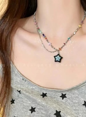 蓝色幸运星星笑脸彩色拼接项链女小众设计感甜酷多巴胺锁骨链配饰