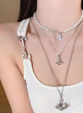 西太后土星立体项链女轻奢小众长款叠戴毛衣链高级感星球吊坠配饰