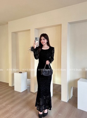 法式气质蕾丝连衣裙女秋冬新款高级感收腰显瘦内搭打底包臀长裙子