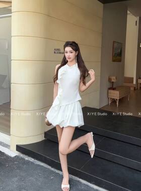 法式纯欲设计立体荷叶边显瘦小背心上衣甜辣百搭花苞短裙两件套女