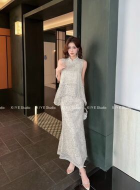 新中式国风亮片连衣裙女夏季气质收腰显瘦+镂空刺绣亮片上衣