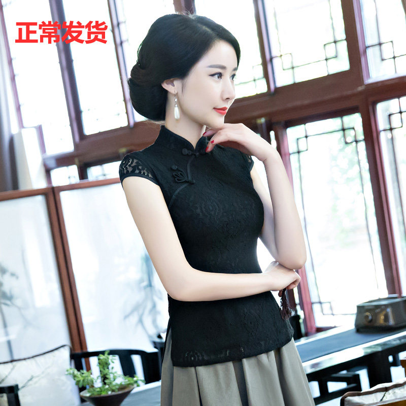 短款蕾丝旗袍上衣女夏装中国风改良时尚短袖唐装修身显瘦套装汉服