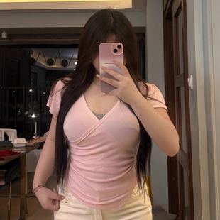 短款 纯欲风微胖大码 辣妹设计感t恤女夏季 性感时尚 清纯上衣 飞飞袖