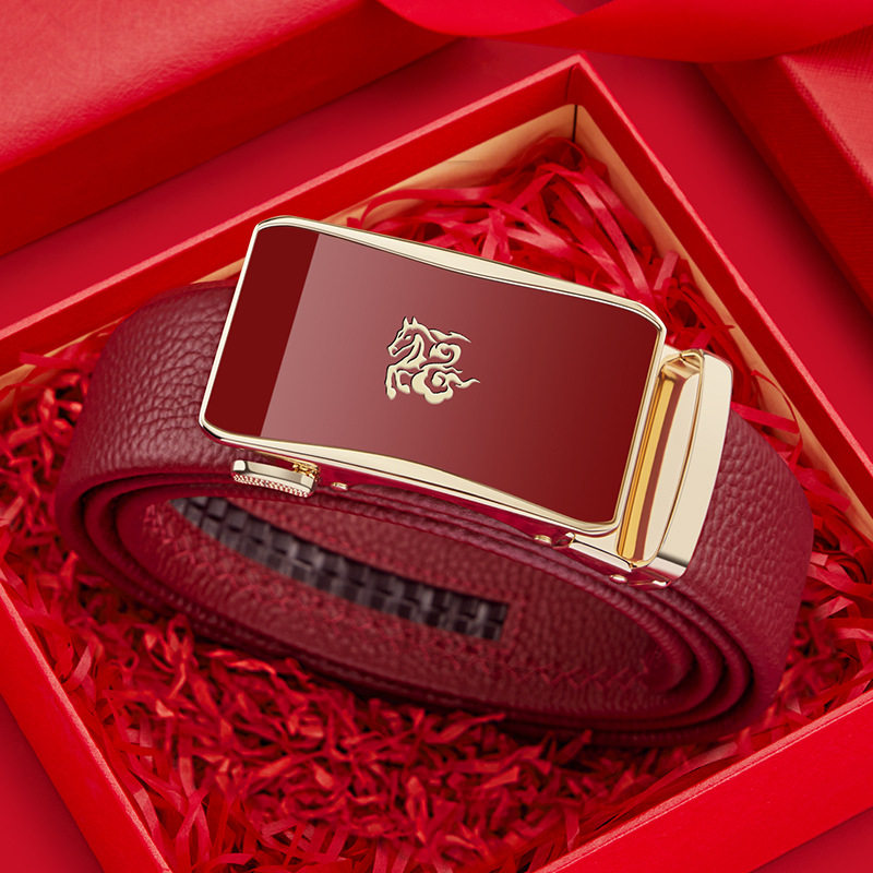 英皇保罗皮带男士2026新款真皮马年本命年自动扣结婚送礼红色腰带