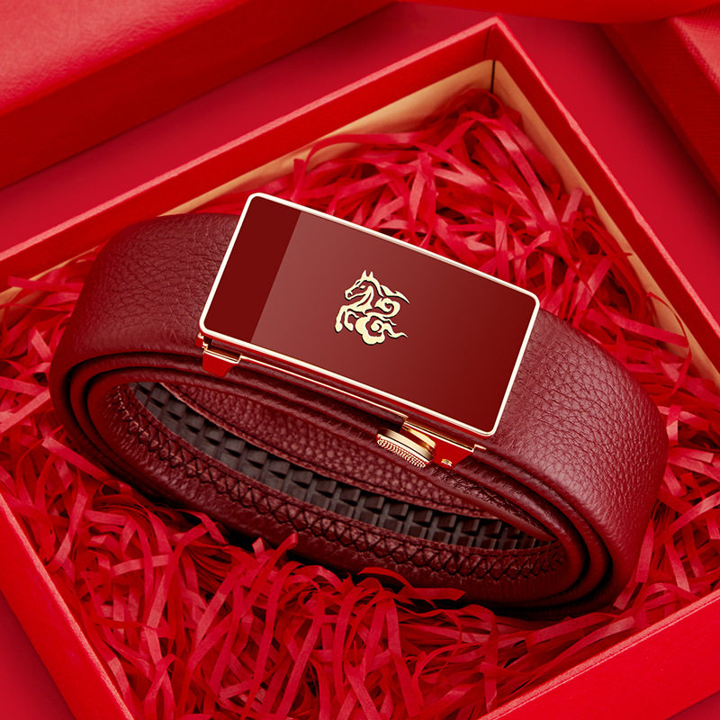 英皇保罗皮带男士感新款真皮马年本命年红色内穿裤腰带送礼