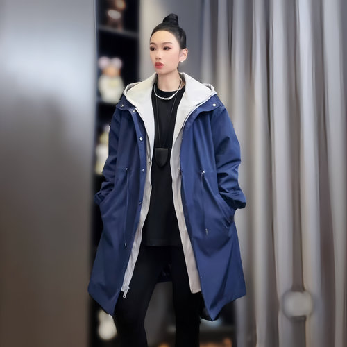 2025春季新款风衣女韩版休闲假两件连帽大码情侣百搭中长款外套