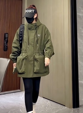 春秋新款韩版连帽外套宽松休闲大口袋中长款风衣6630