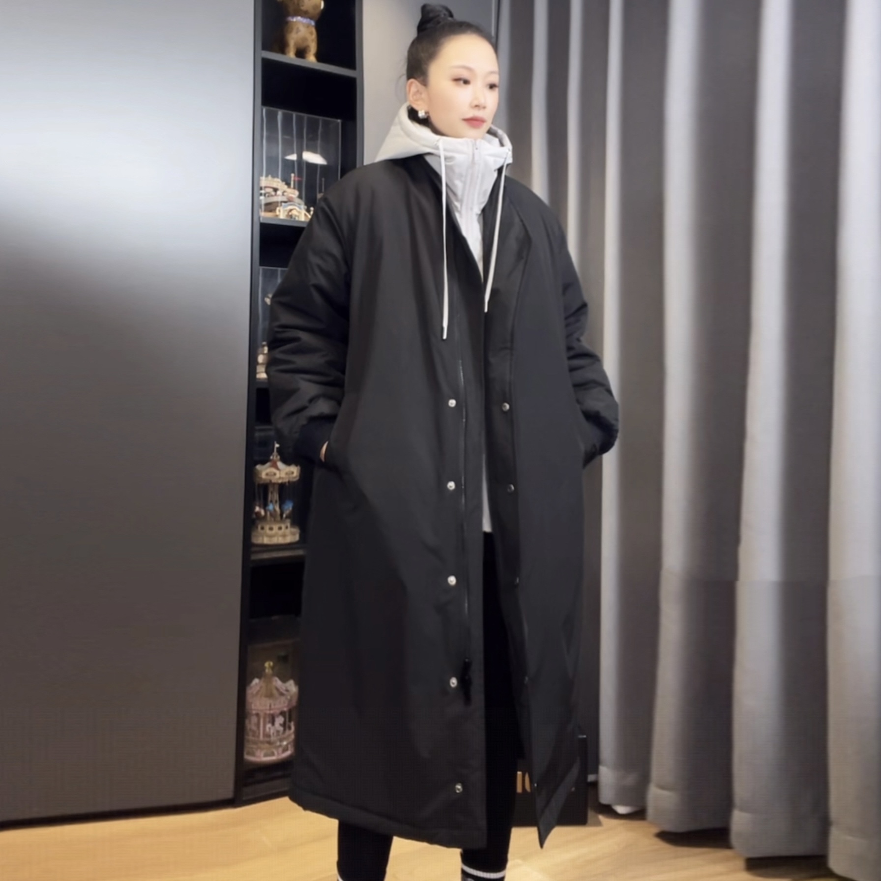 新款棉衣女长款宽松休闲假两件韩版过膝情侣连帽中长款加厚棉服