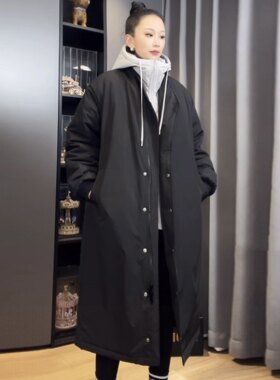新款棉衣女长款宽松休闲假两件韩版过膝情侣连帽中长款加厚棉服