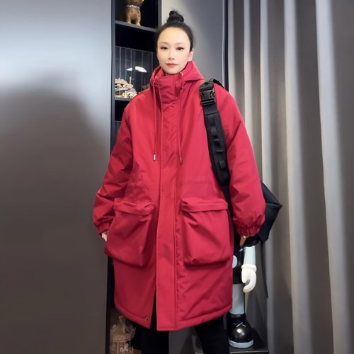 秋冬新款中长款连帽棉衣女宽松休闲薄棉外套大码百搭大口袋棉服