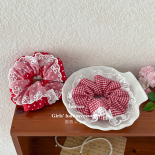 韩系红色波点蕾丝肠圈宝宝丸子头绳不伤发文艺格儿童马尾发圈皮筋