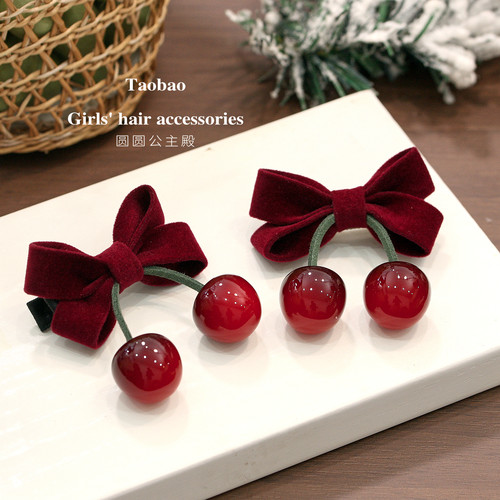 复古丝绒蝴蝶结樱桃车厘子发夹