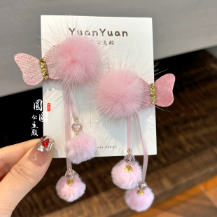 儿童古风发饰可爱毛绒蝴蝶发夹红色毛球流苏汉服头饰少女心发饰