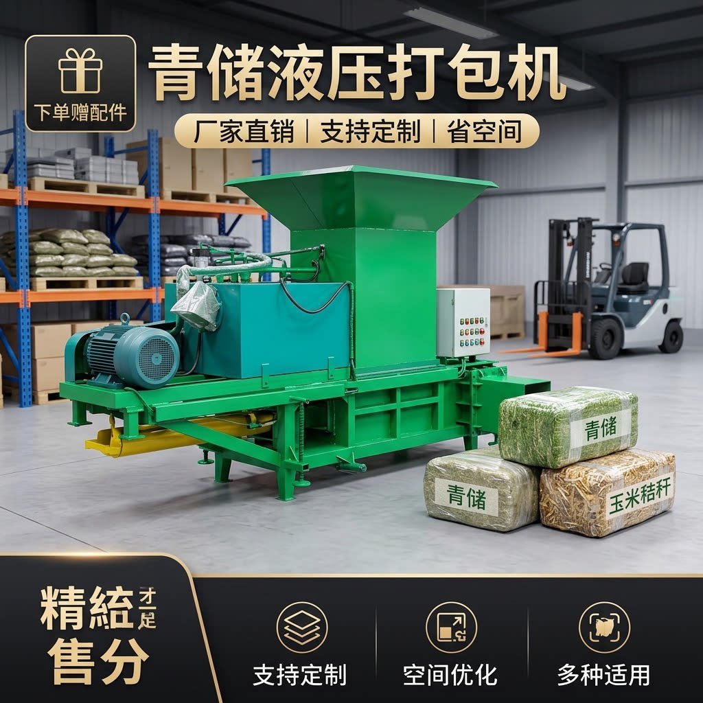 两缸家用小型青饲料压块机全自动青饲料液压打包机秸秆套袋打包机