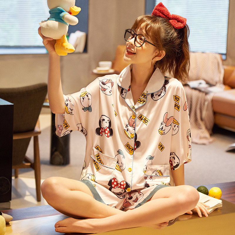 睡衣女夏季冰丝薄款短袖两件套可外穿韩版卡通学生可爱宽松家居服