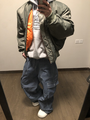 Bugup美式baggy工装复古条纹直筒中性牛仔裤男女多口袋拼接宽松