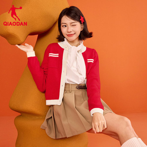 乔丹女装本命年红撞色针织开衫