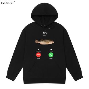 Fih创意鱼帽衫 Funny欧美趣味字母男女连帽卫衣 手机通话印花Fish