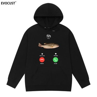 Fih创意鱼帽衫手机通话印花Fish Funny欧美趣味字母男女连帽卫衣