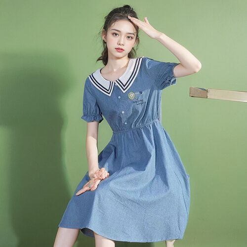 牛仔连衣裙夏装少女大童娃娃领