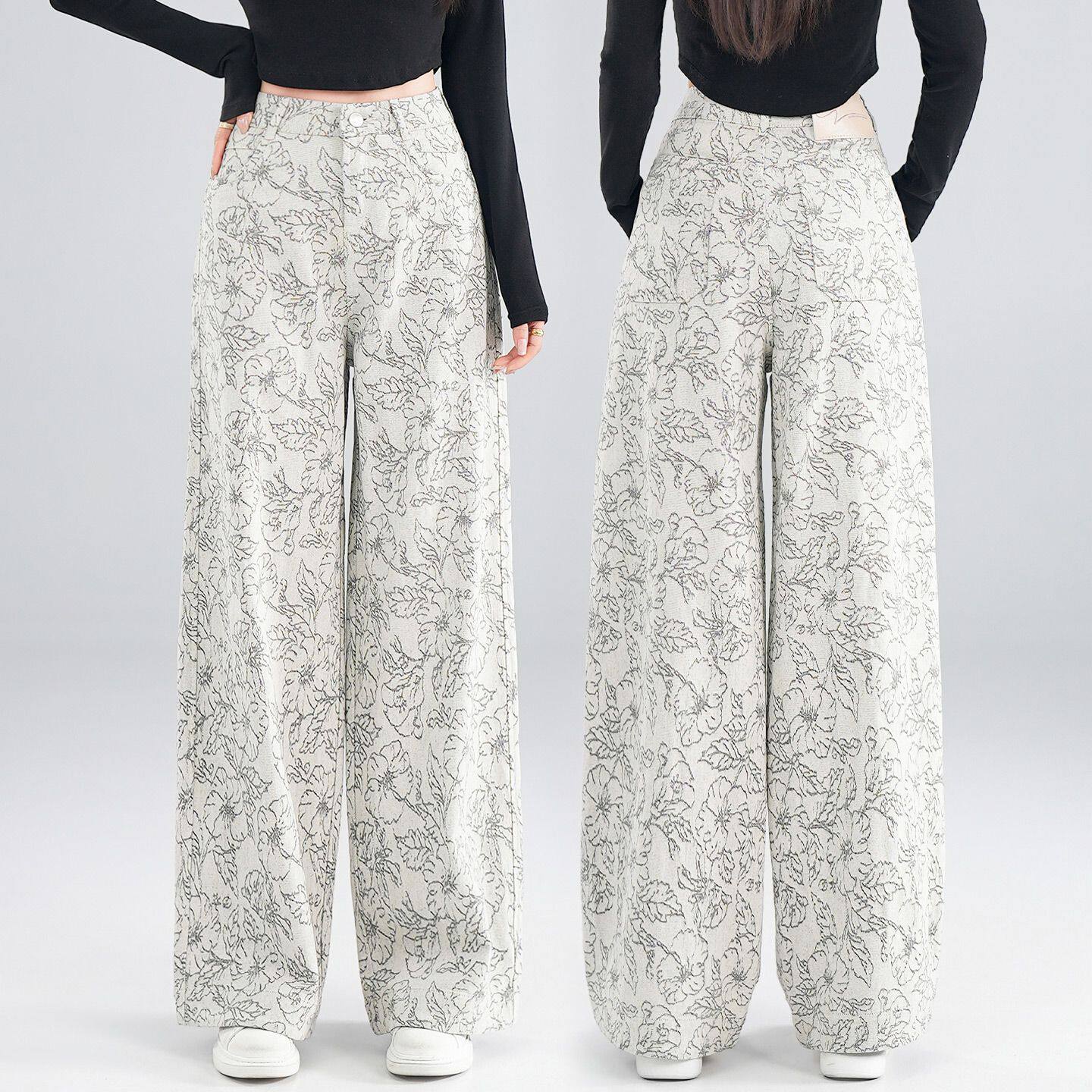 时尚潮流花色阔腿牛仔裤女2026春秋新款宽松显瘦遮肉直筒休闲裤子