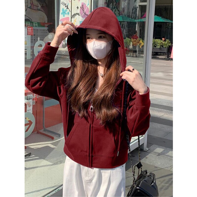 韩版酒红色拉链开衫卫衣女2026新款早秋季小个子短款上衣连帽外套