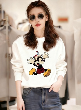 韩式米奇卡通印花黑色短款减龄卫衣女秋冬季加绒加厚套头圆领上衣