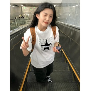 纯棉短袖 爆款 夏季 t恤女2025新款 上衣 白色落肩美式 设计感宽松半袖