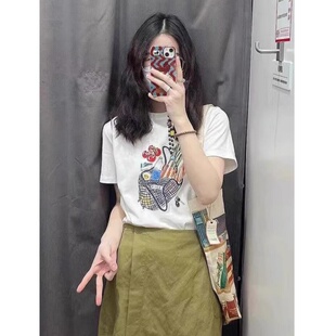 t恤女夏季 手绘水彩印花购物袋趣味减龄圆领宽松正肩短袖 棉质上衣