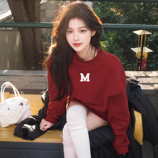 酒红色加绒卫衣女款2026新款圆领加厚无帽长袖设计感上衣秋冬穿搭