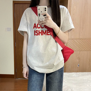 韩里韩气的穿搭纯棉白花灰短袖半袖t恤女2026年新款宽松显瘦上衣