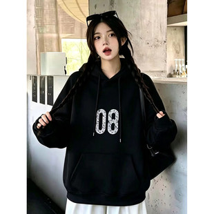 慵懒风黑色连帽卫衣女韩版秋冬通勤宽松数字印花百搭休闲上衣外套