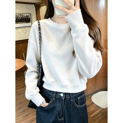 秋冬白色圆领短款卫衣女小个子