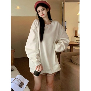 纯白色薄款卫衣女新款2025爆款加绒时尚洋气宽松慵懒风中长款上衣